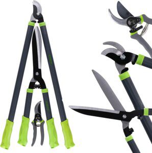 Kinzo Juego de 3 tijeras de podar de 67 cm, cortasetos de 52 cm, cortasetos de 19 cm, perfectas para cortes en forma de setos, árboles, arbustos y arbustos